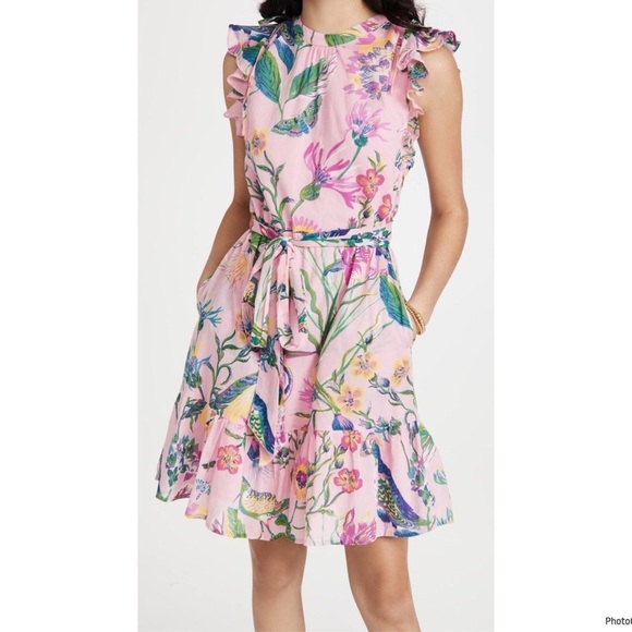 BANJANAN WOMEN'S LILIAN DRESS PINK FLORAL BIRDS BUTTERFLIES RUFFLED DRESS SZ XS - Picture 3 of 10